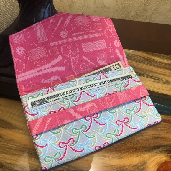 Pink Bows Cash Envelope/Receipt holder Fabric Handmade Wallet - Picture 2 of 4
